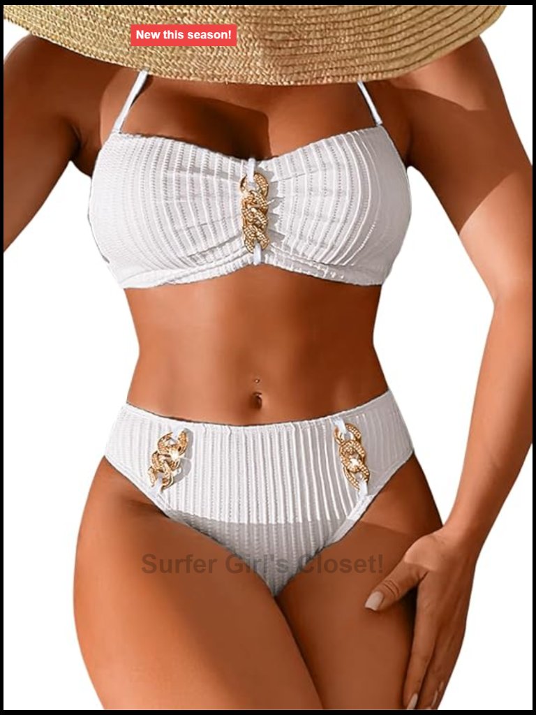 Halter Bandeau Two Piece Bikini Set, Detachable Straps, Ribbed Textured Bathing